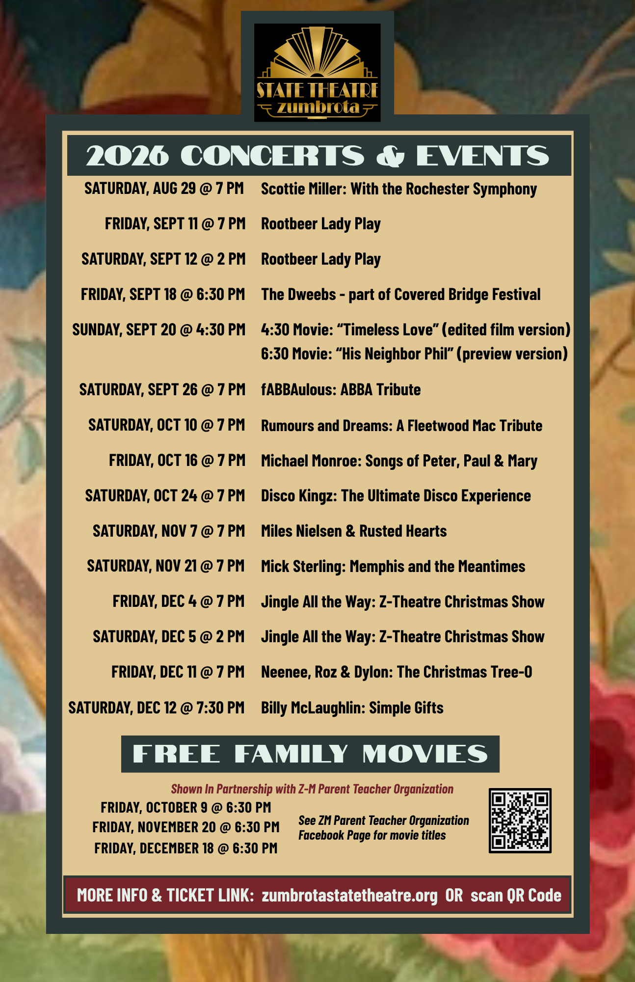 2026 Concerts and Events schedule for Zumbrota State Theatre