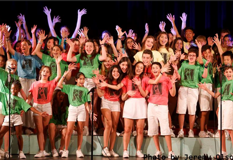 Youth ensemble celebrating together on stage